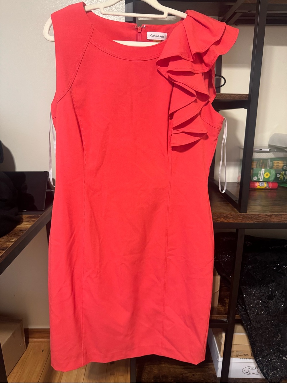 Calvin Klein Coral One-Shoulder Ruffle Sheath Dress